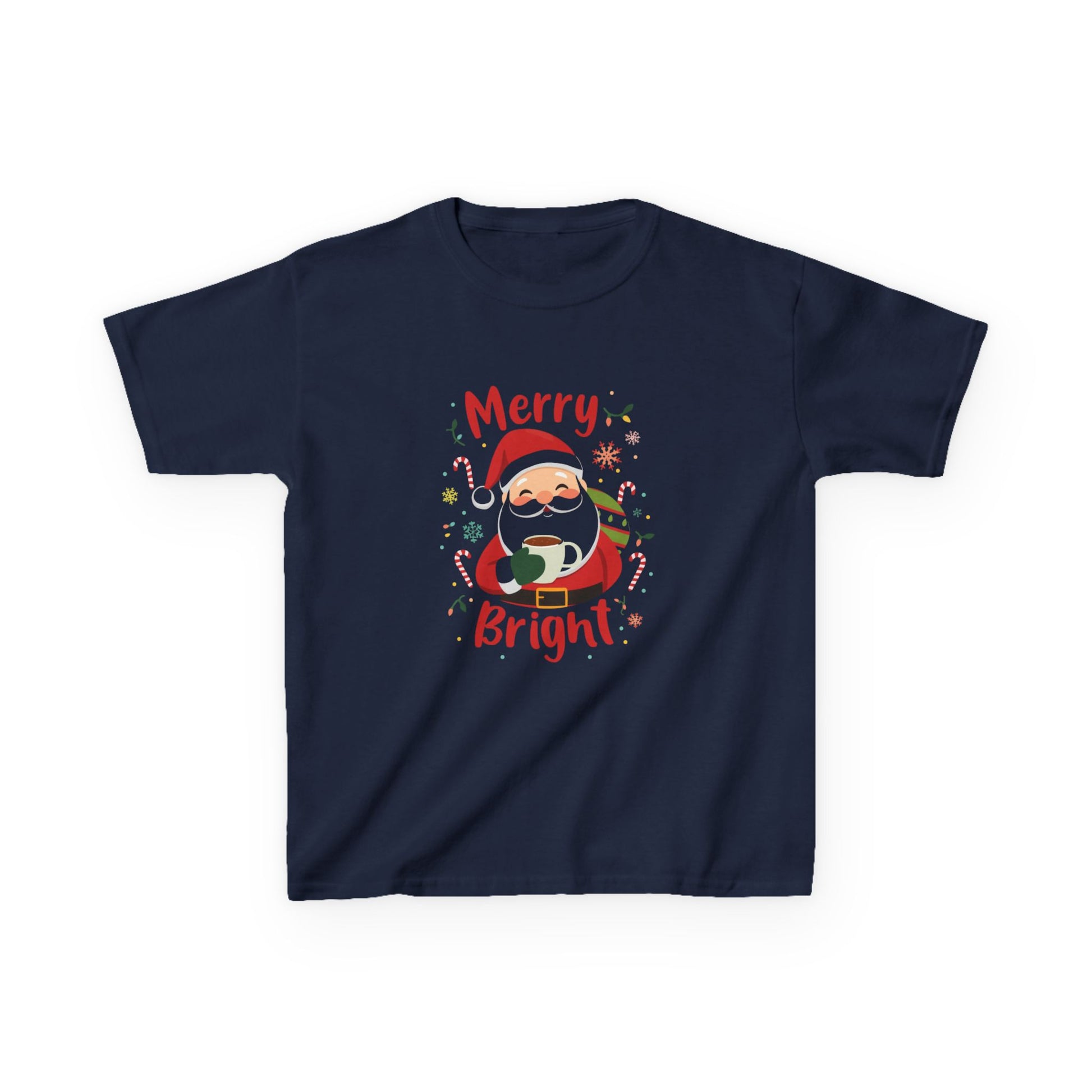 Navy blue t-shirt with Santa Claus graphic and 'Merry Bright' text on a white background