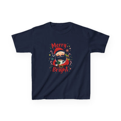 Navy blue t-shirt with Santa Claus graphic and 'Merry Bright' text on a white background