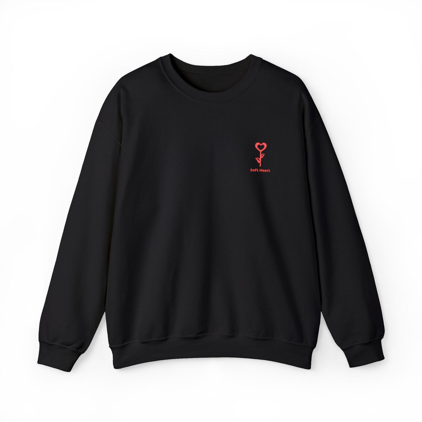 Black sweatshirt with a red logo on a white background
