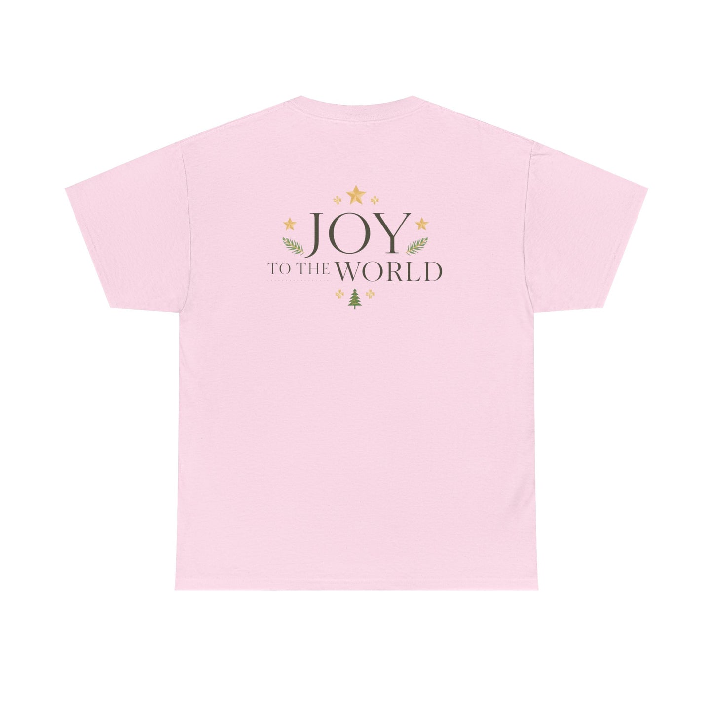 Minimalist Christmas T-shirt with golden stars and Joy to the World typography in elegant festive style