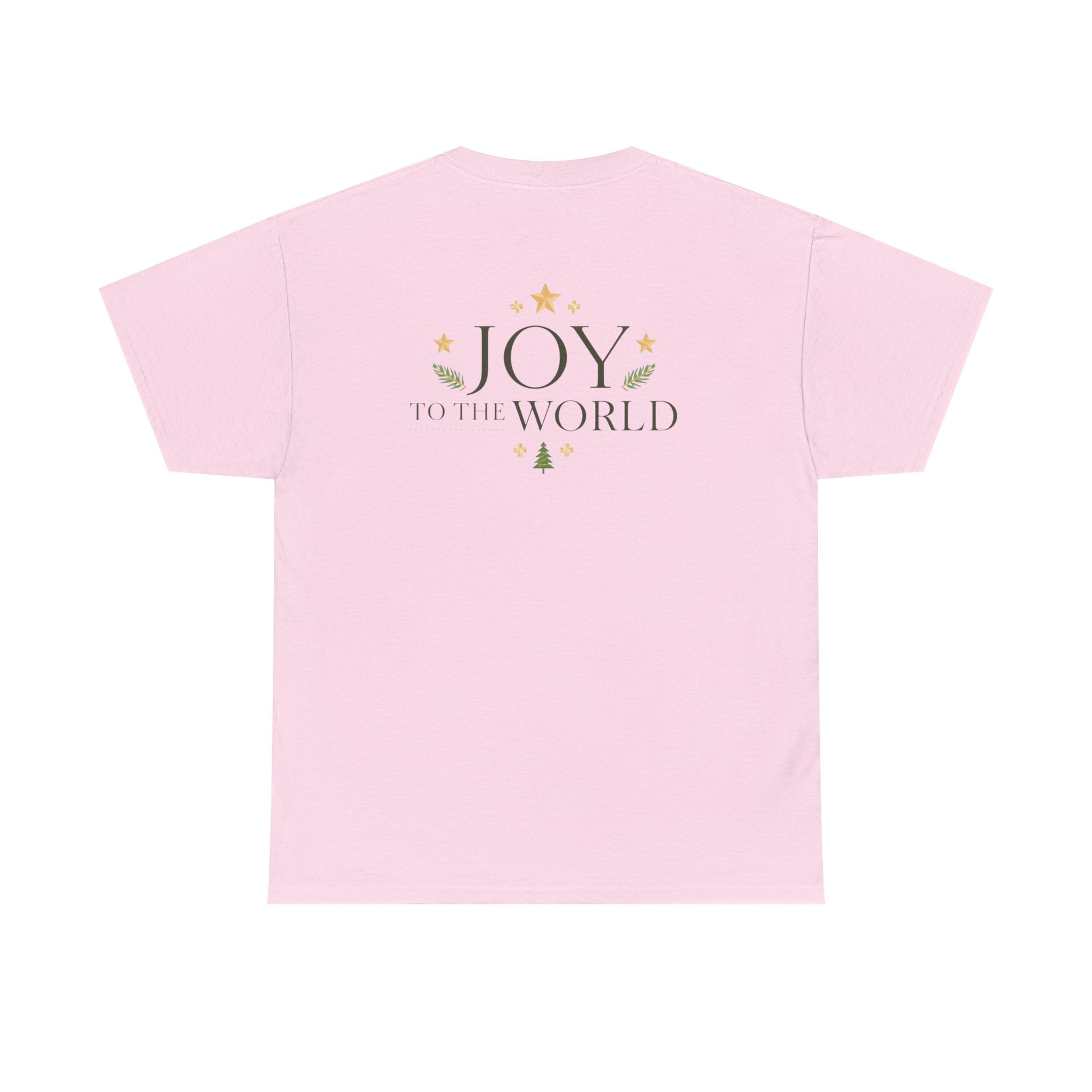 Minimalist Christmas T-shirt with golden stars and Joy to the World typography in elegant festive style