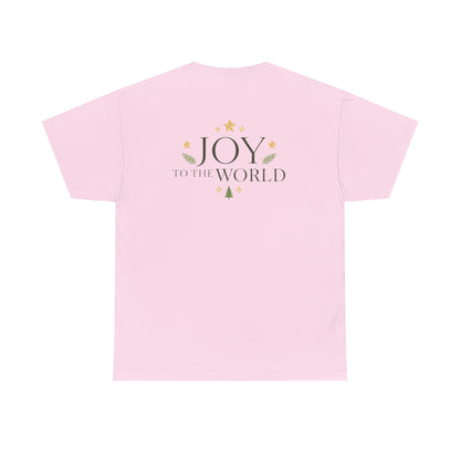 Minimalist Christmas T-shirt with golden stars and Joy to the World typography in elegant festive style