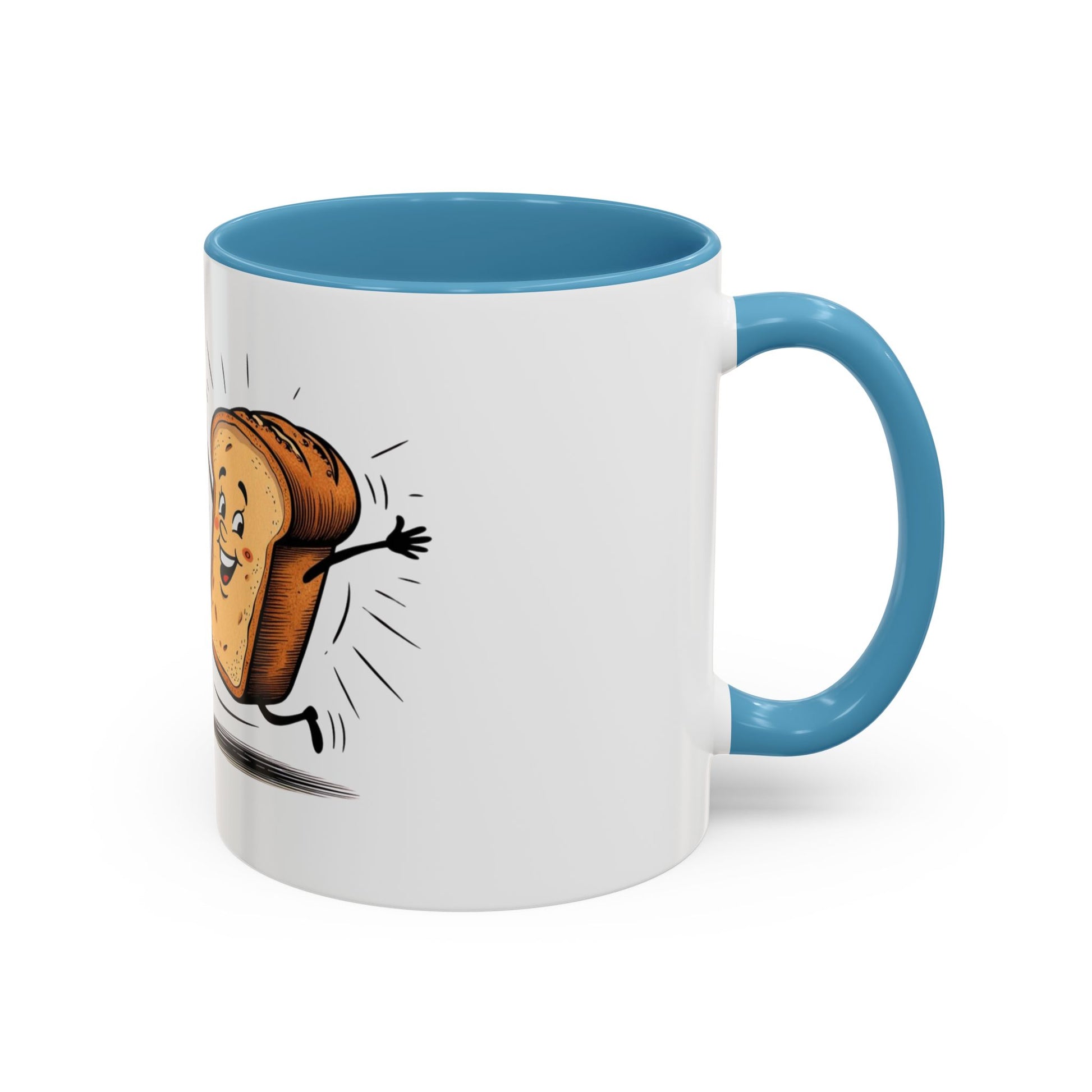 White mug with blue interior and handle, featuring a cartoon bread slice.