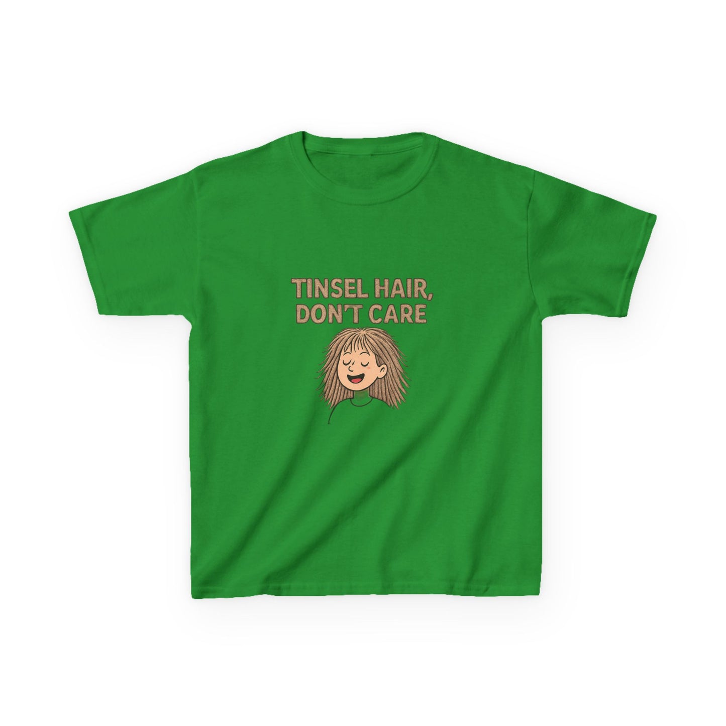 Green t-shirt with 'Tinsel Hair, Don't Care' text and cartoon character on a white background