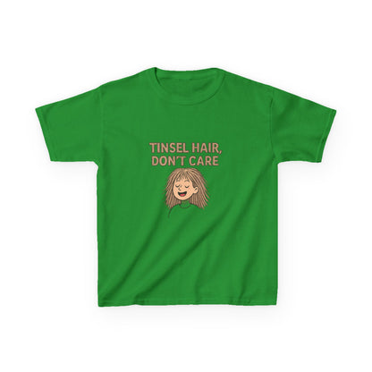 Green t-shirt with 'Tinsel Hair, Don't Care' text and cartoon character on a white background