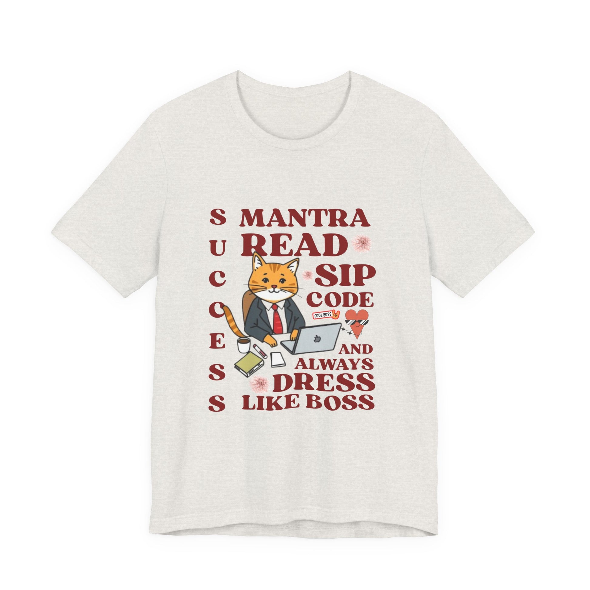 White t-shirt with a graphic of a cat in a suit and text on a white background