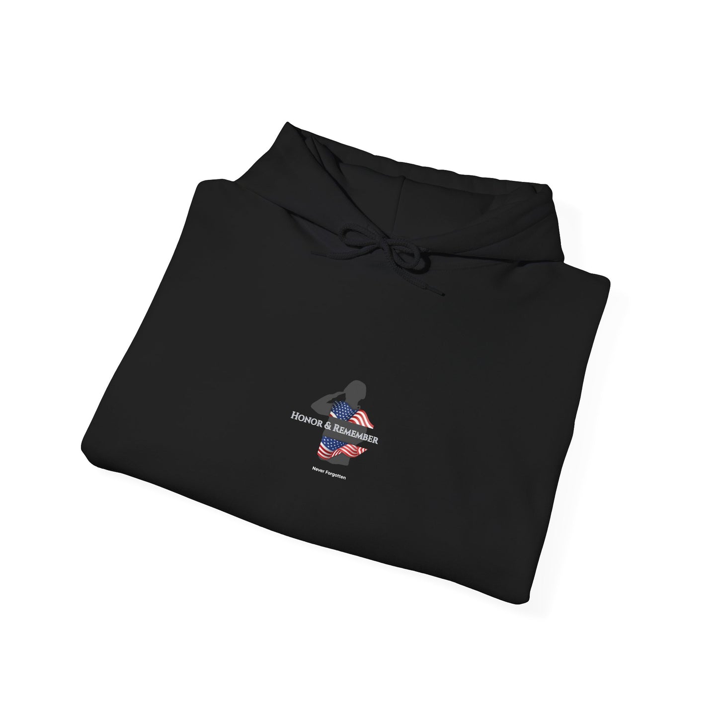 Folded black hoodie with 'EL GV' text on a white background