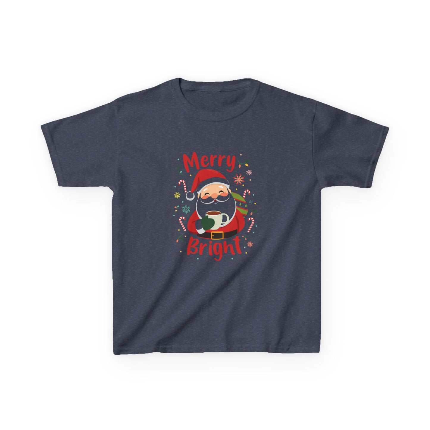 Navy blue t-shirt with a Christmas-themed design featuring Santa Claus on a white background