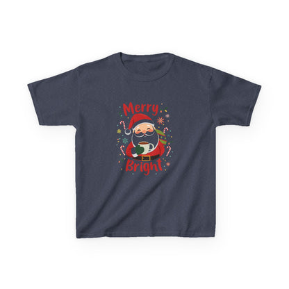 Navy blue t-shirt with a Christmas-themed design featuring Santa Claus on a white background