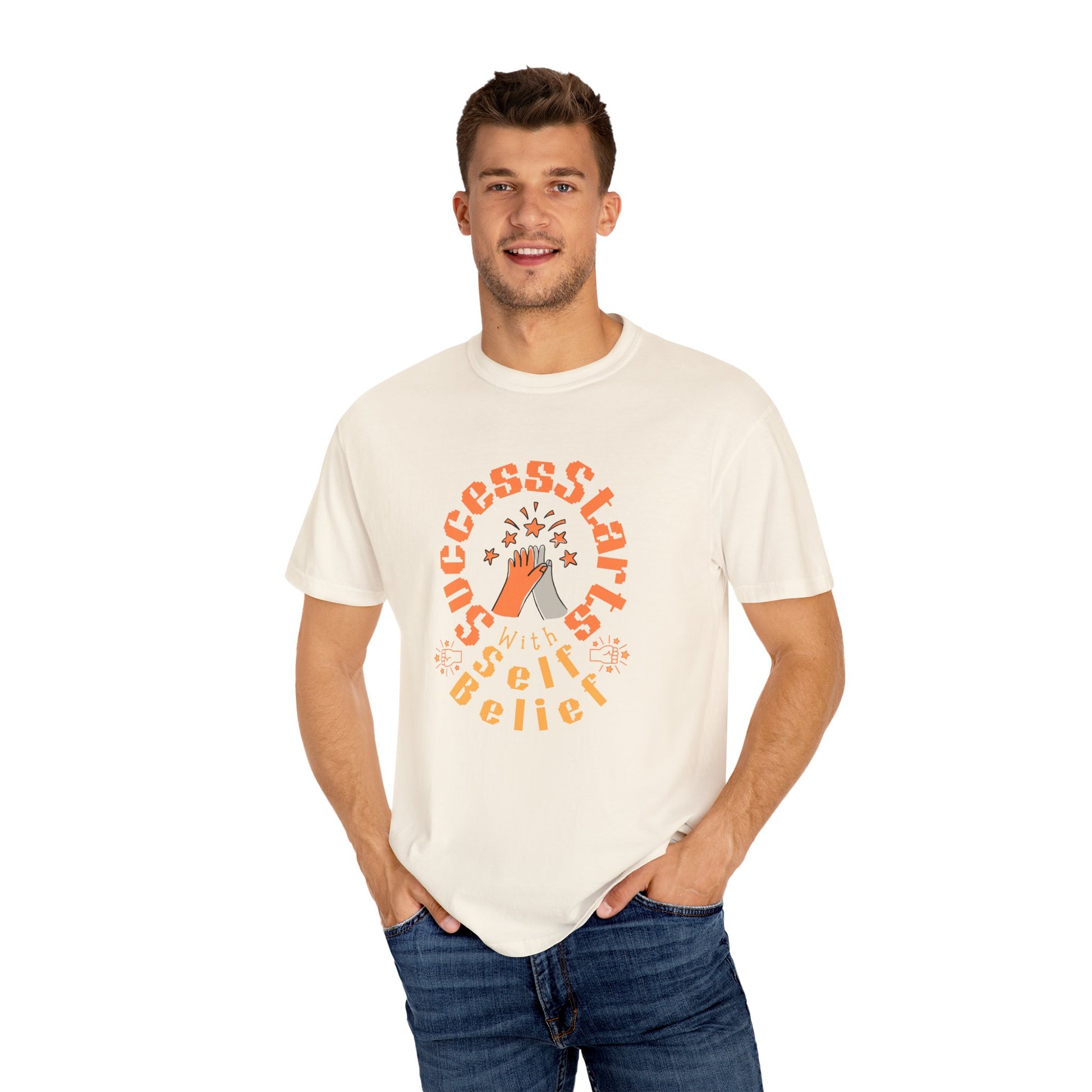 Man wearing a white t-shirt with orange text and graphics on a white background