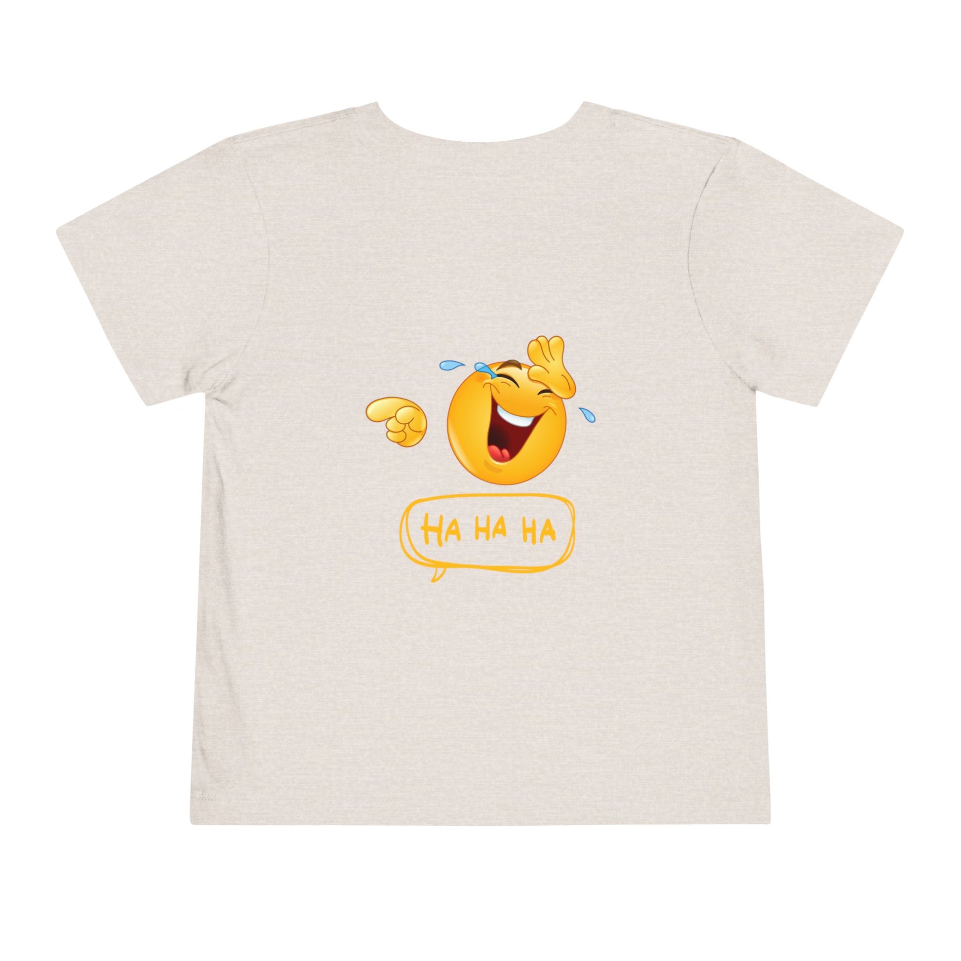 Beige t-shirt with a laughing emoji and 'HA HA HA' text on a white background