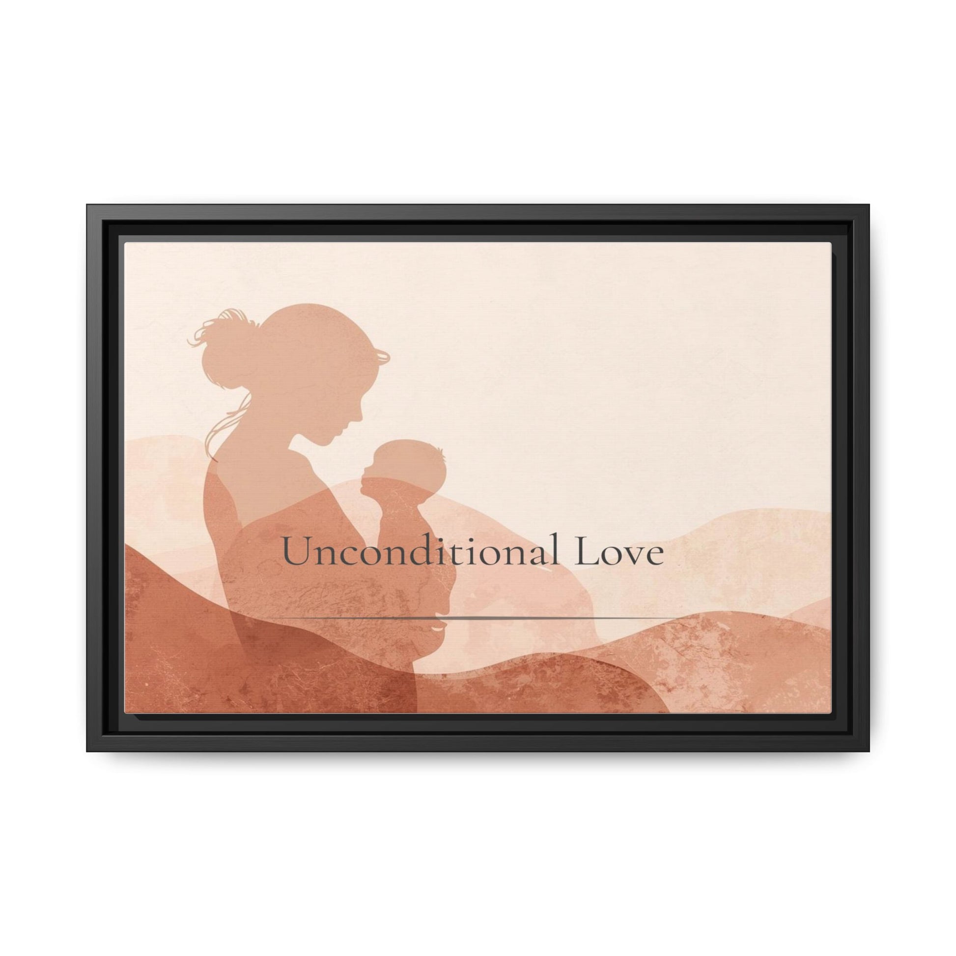 Framed artwork of a silhouette of a woman holding a child with 'Unconditional Love' text on a beige background.