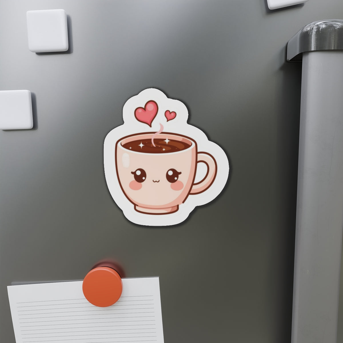 Fridge magnet shaped like a cute cartoon coffee cup with hearts on a gray refrigerator.