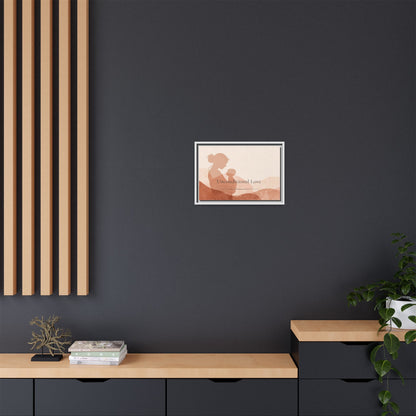 Framed artwork on a dark wall with wooden shelves and decor items.