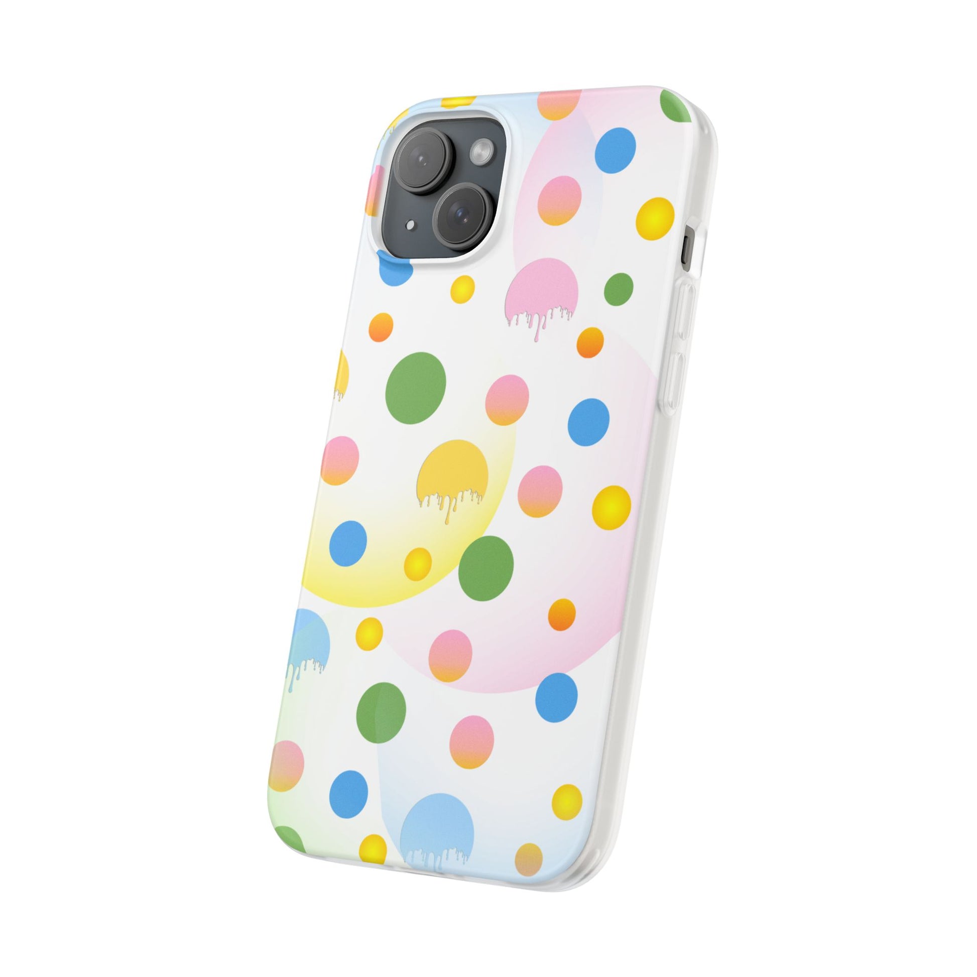 Phone case with colorful polka dot pattern on a white background