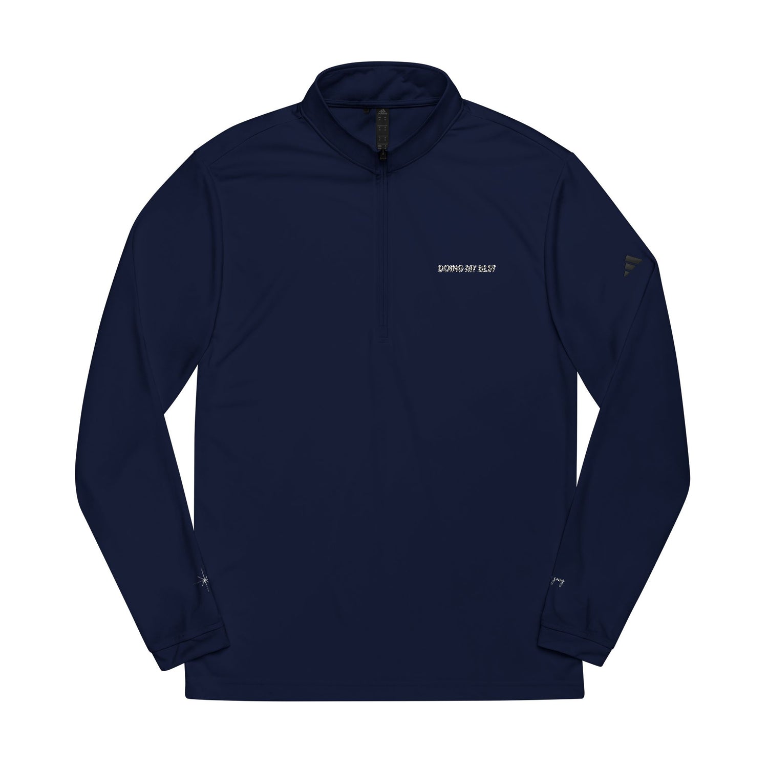 Close-up of white minimalist embroidery text 'Doing My Best' on navy blue high-quality Adidas fabric."