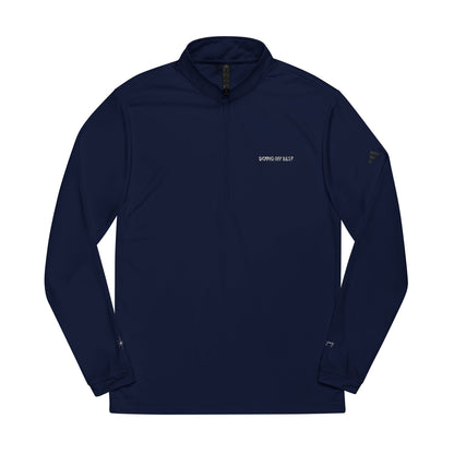 Close-up of white minimalist embroidery text 'Doing My Best' on navy blue high-quality Adidas fabric."