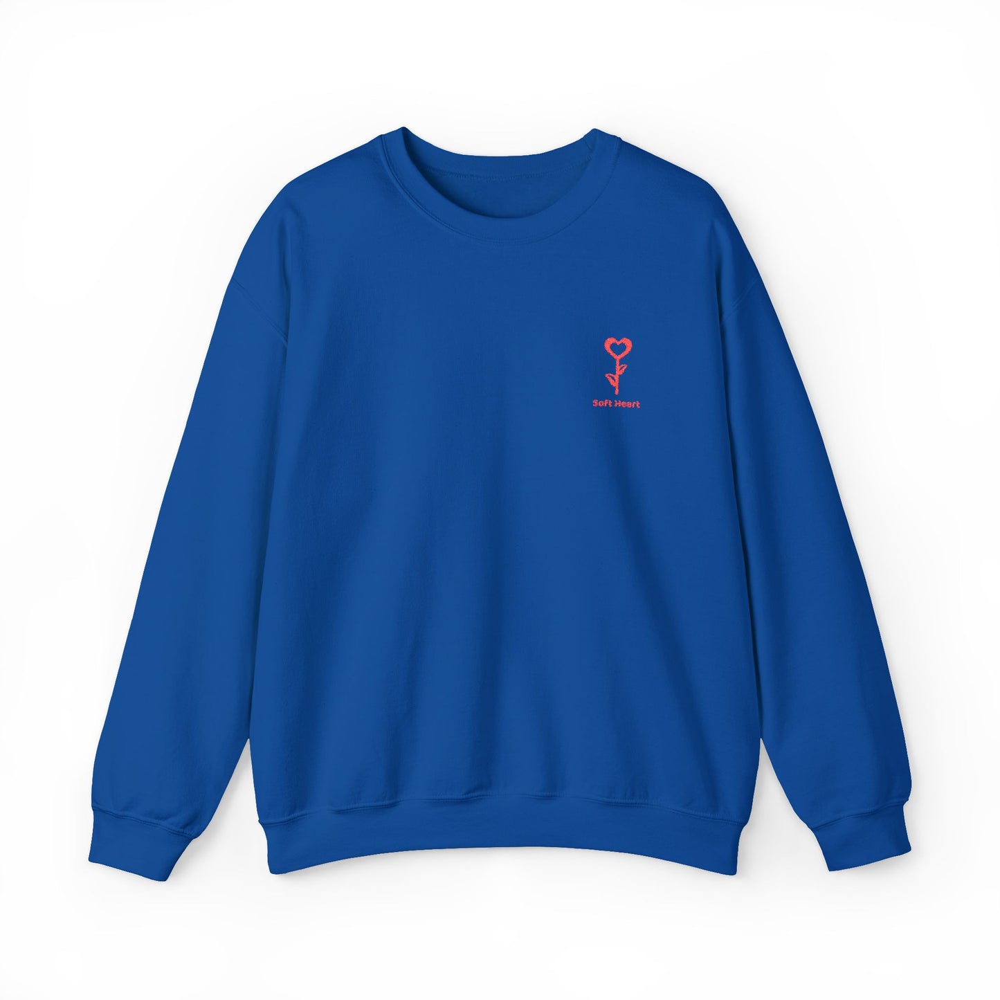 Blue sweatshirt with a red logo on a white background