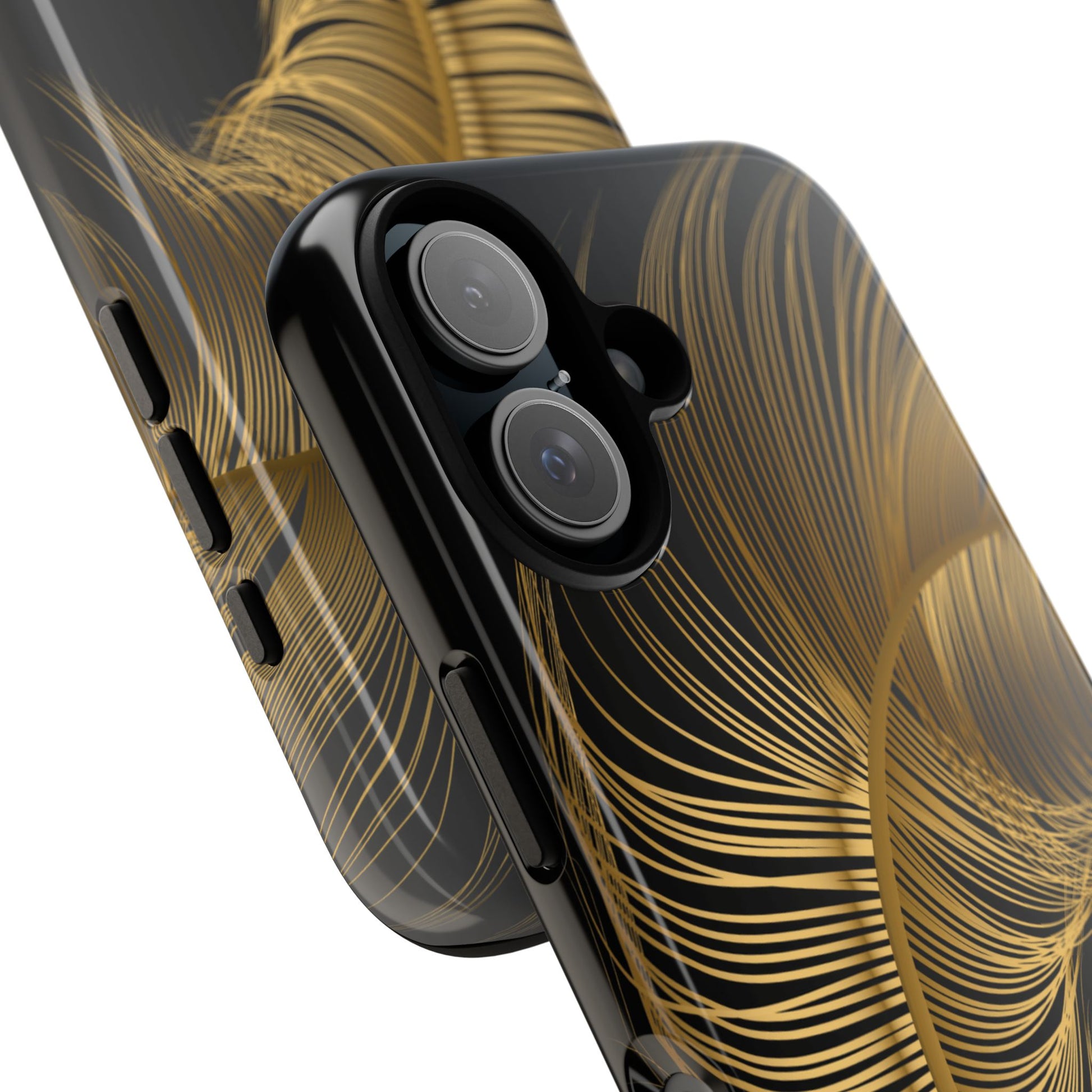 Phone case with gold feather design on black background