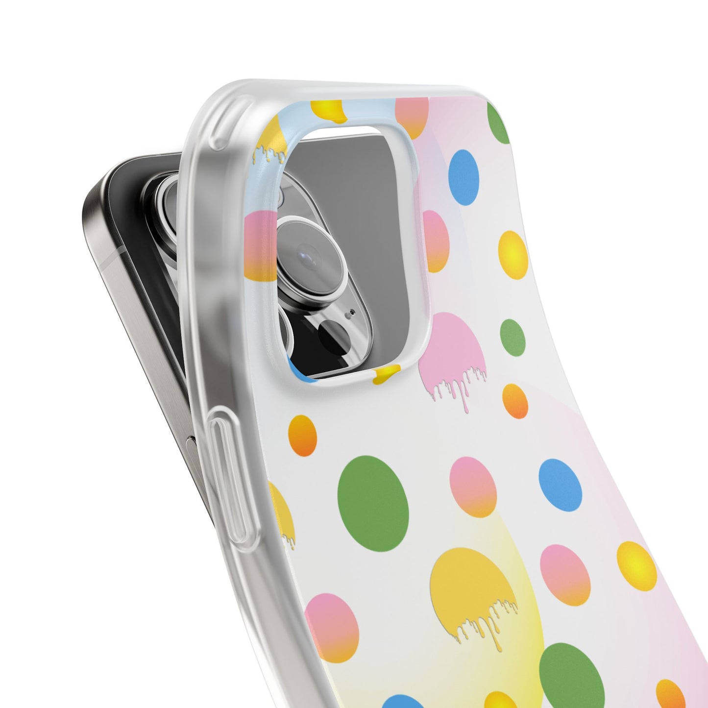 Phone case with colorful polka dot pattern on a white background