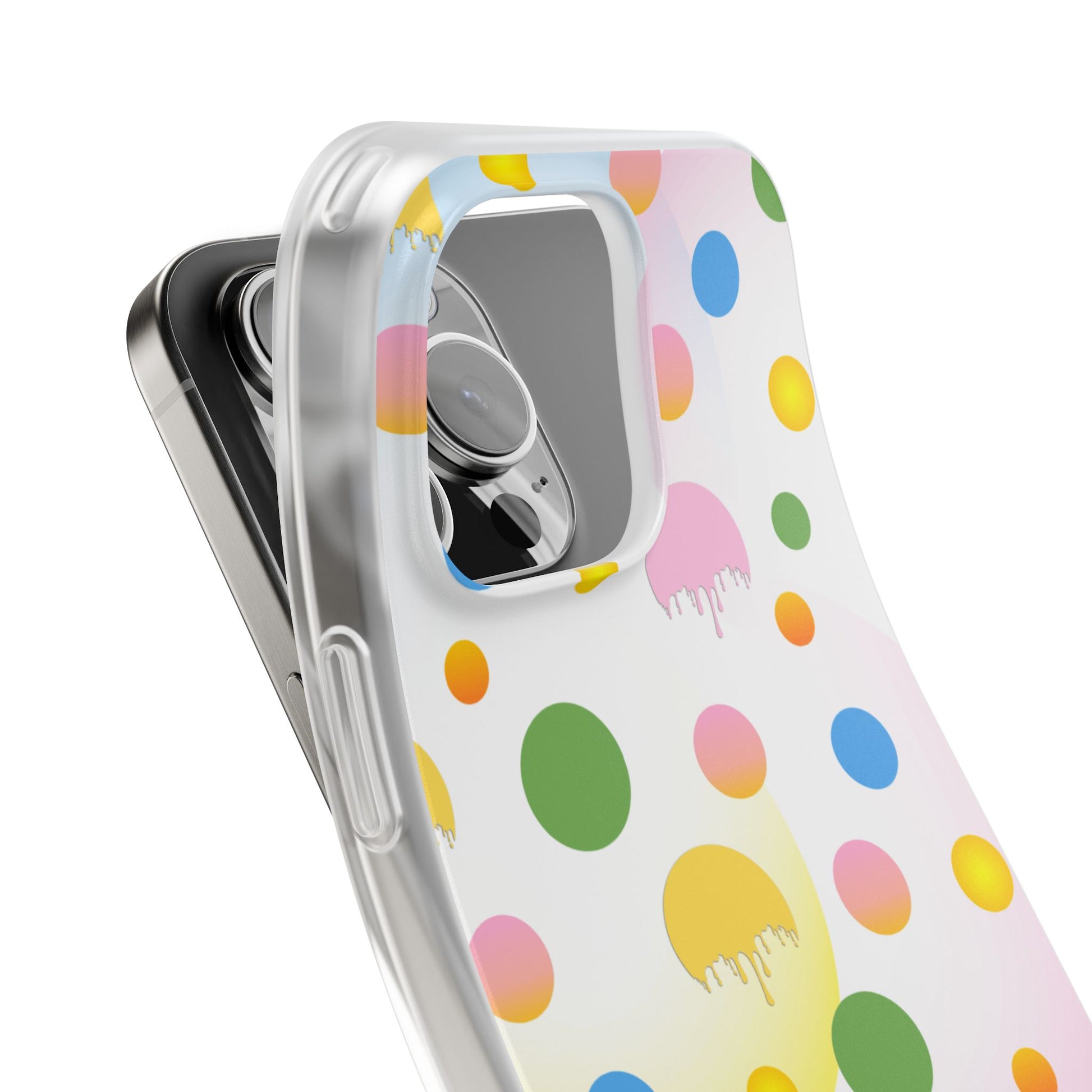 Phone case with colorful polka dot pattern on a white background