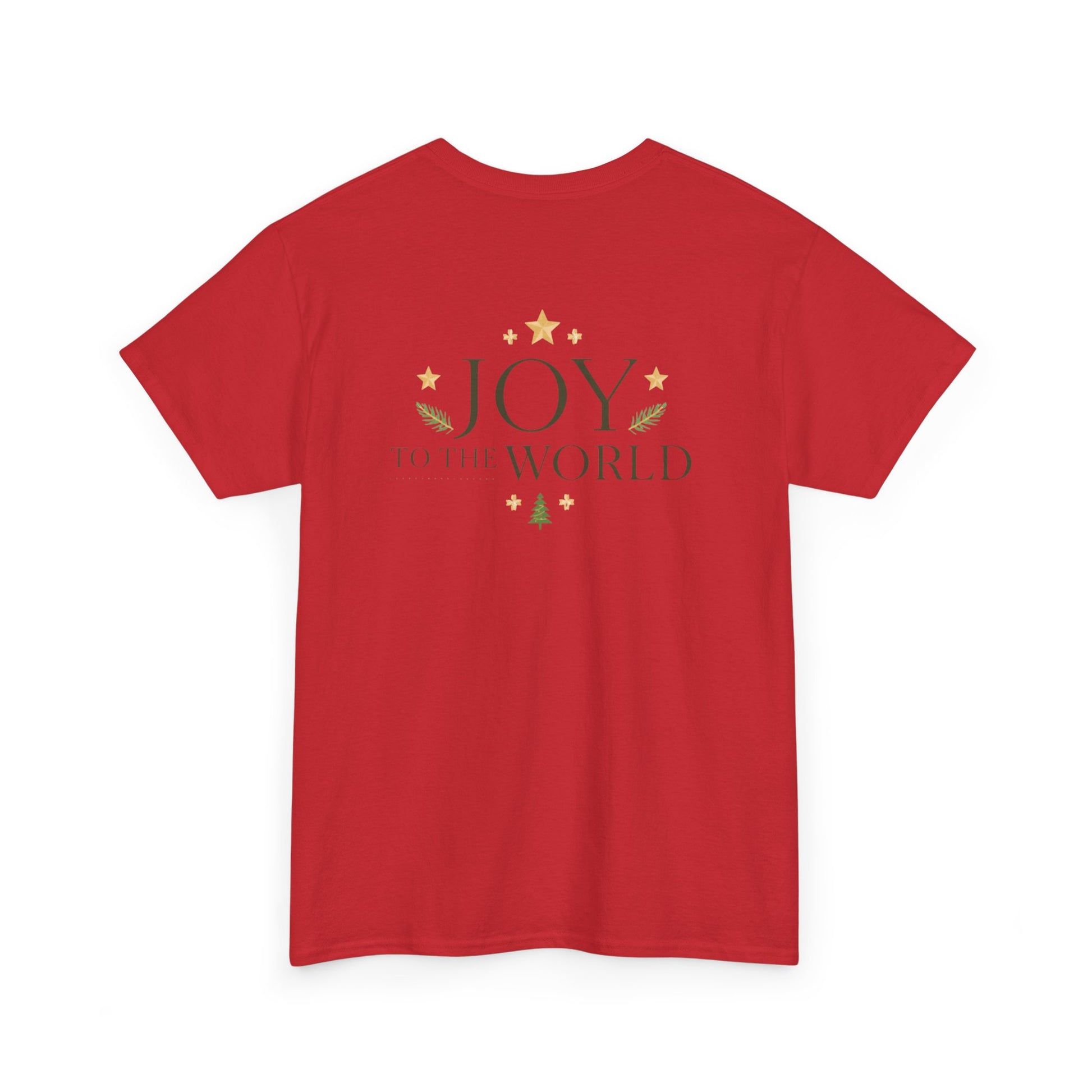 Minimalist Christmas T-shirt with golden stars and Joy to the World typography in elegant festive style