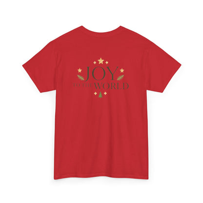 Minimalist Christmas T-shirt with golden stars and Joy to the World typography in elegant festive style