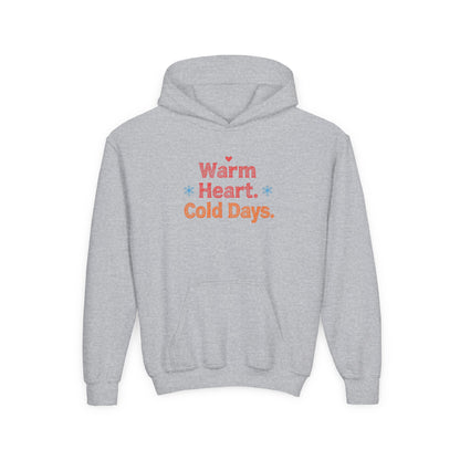 Gray hoodie with 'Warm Heart. Cold Days.' text on a white background