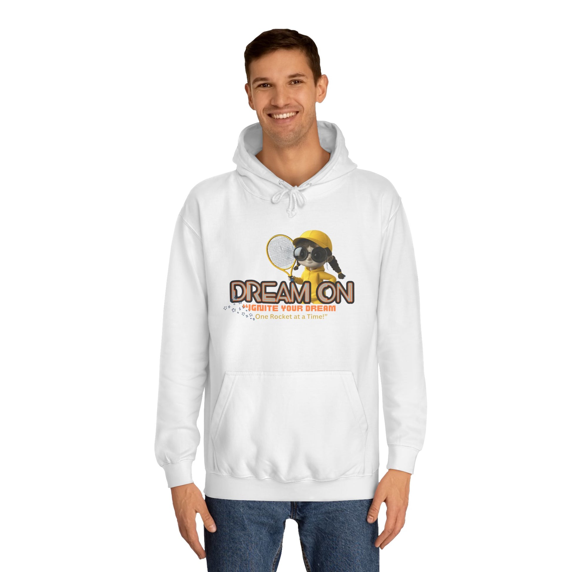 Person wearing a white hoodie with a graphic design on a white background