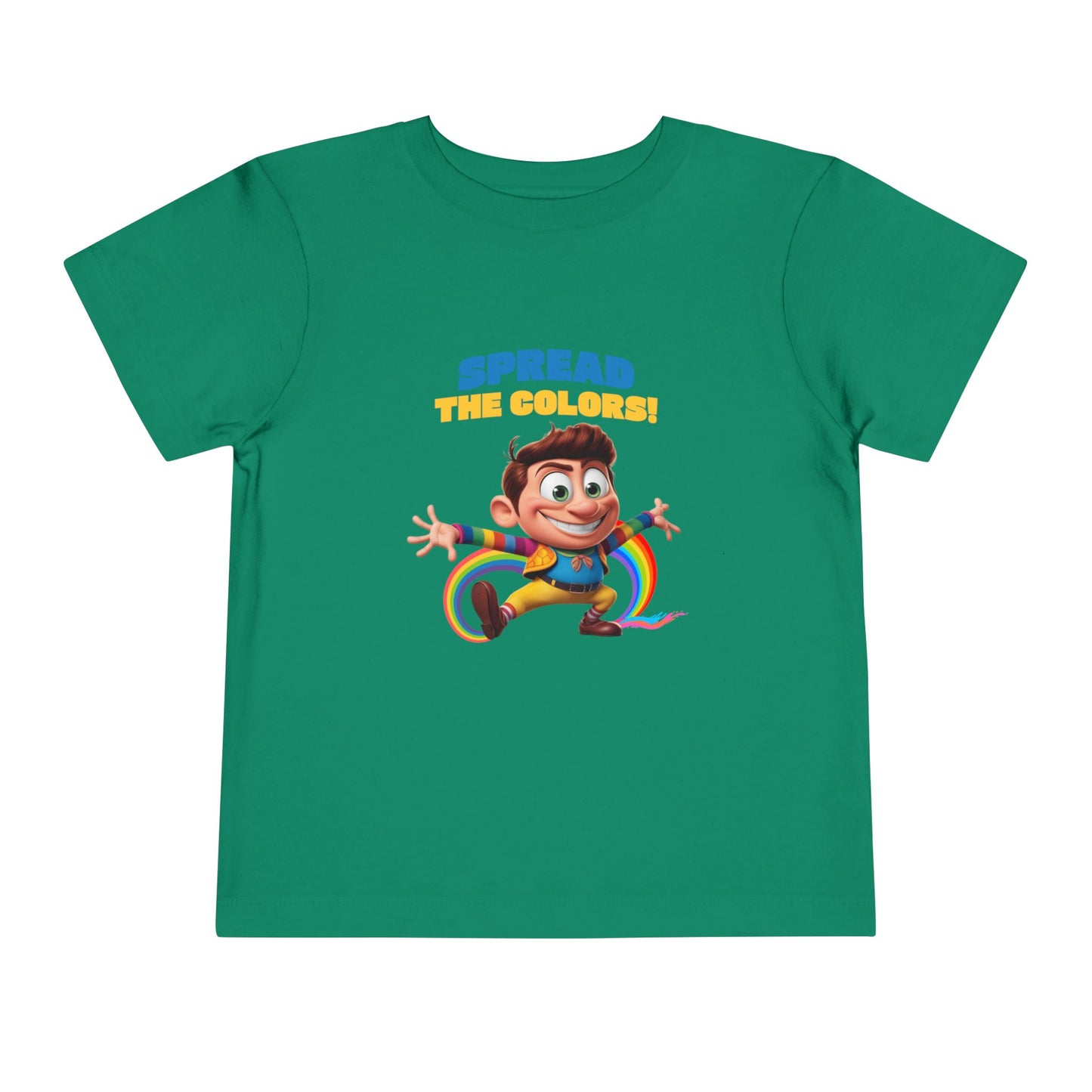 Cartoon boy jumping with rainbow trail and "Spread the Colors!" text on kelly T-shirt.

