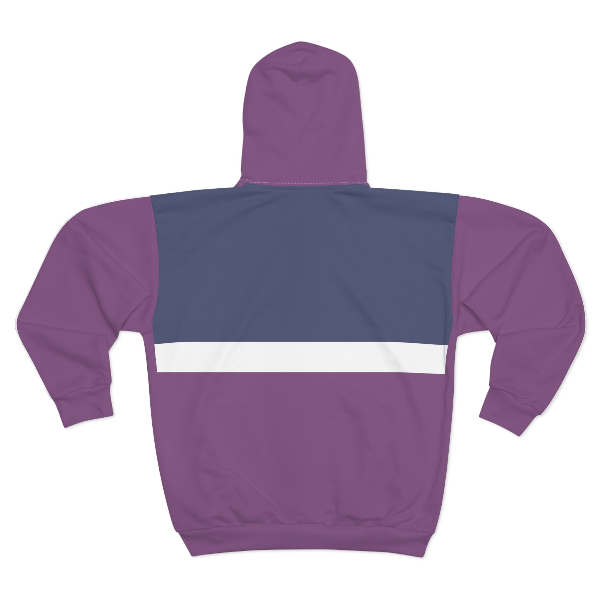 A purple pullover hoodie shown from the back, featuring a solid purple body, hood, and sleeves, with a contrasting dark blue panel across the upper back and a horizontal white stripe running across the center.