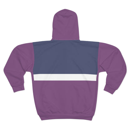 A purple pullover hoodie shown from the back, featuring a solid purple body, hood, and sleeves, with a contrasting dark blue panel across the upper back and a horizontal white stripe running across the center.
