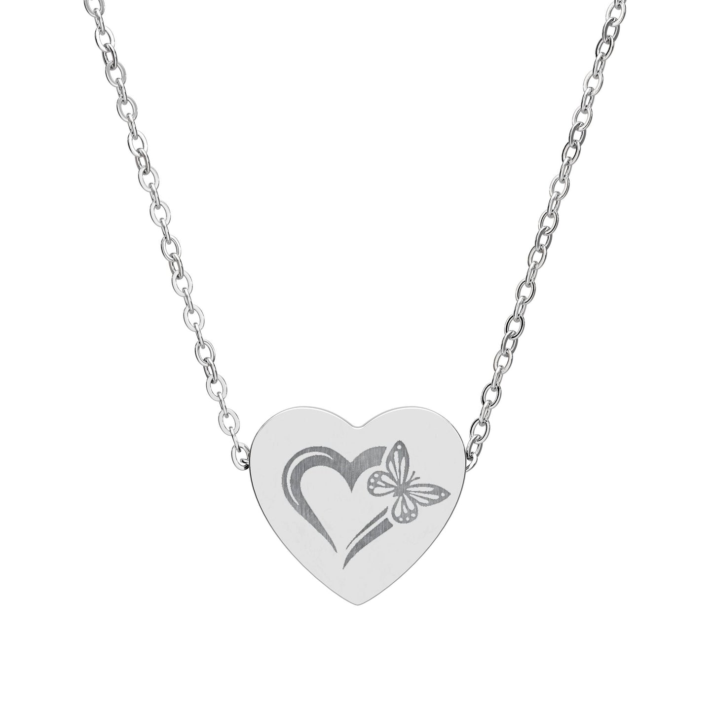 Silver heart-shaped pendant with butterfly design on a white background