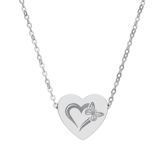 Silver heart-shaped pendant with butterfly design on a white background
