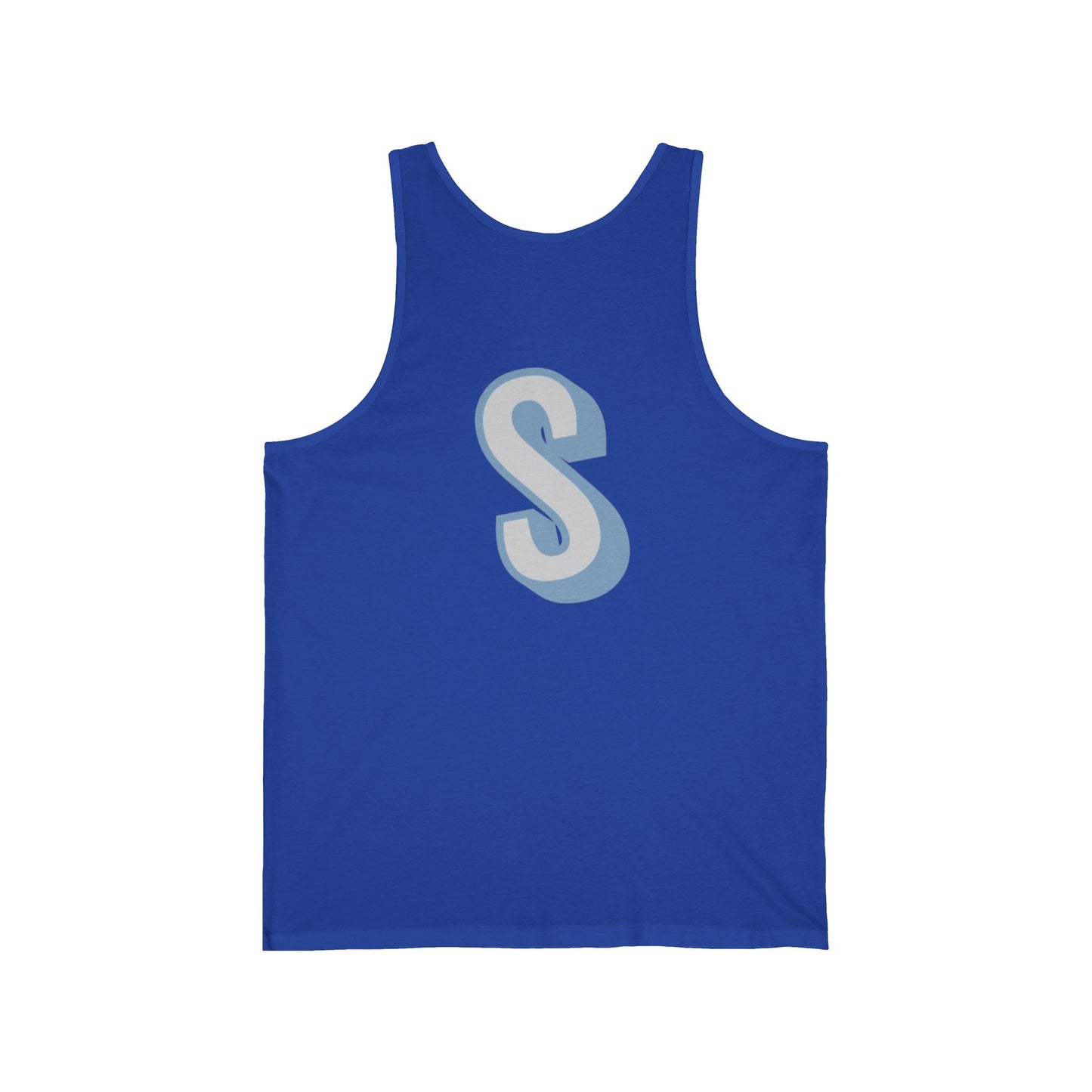 Blue tank top with a white 'S' on a white background