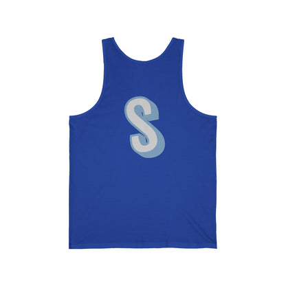 Blue tank top with a white 'S' on a white background