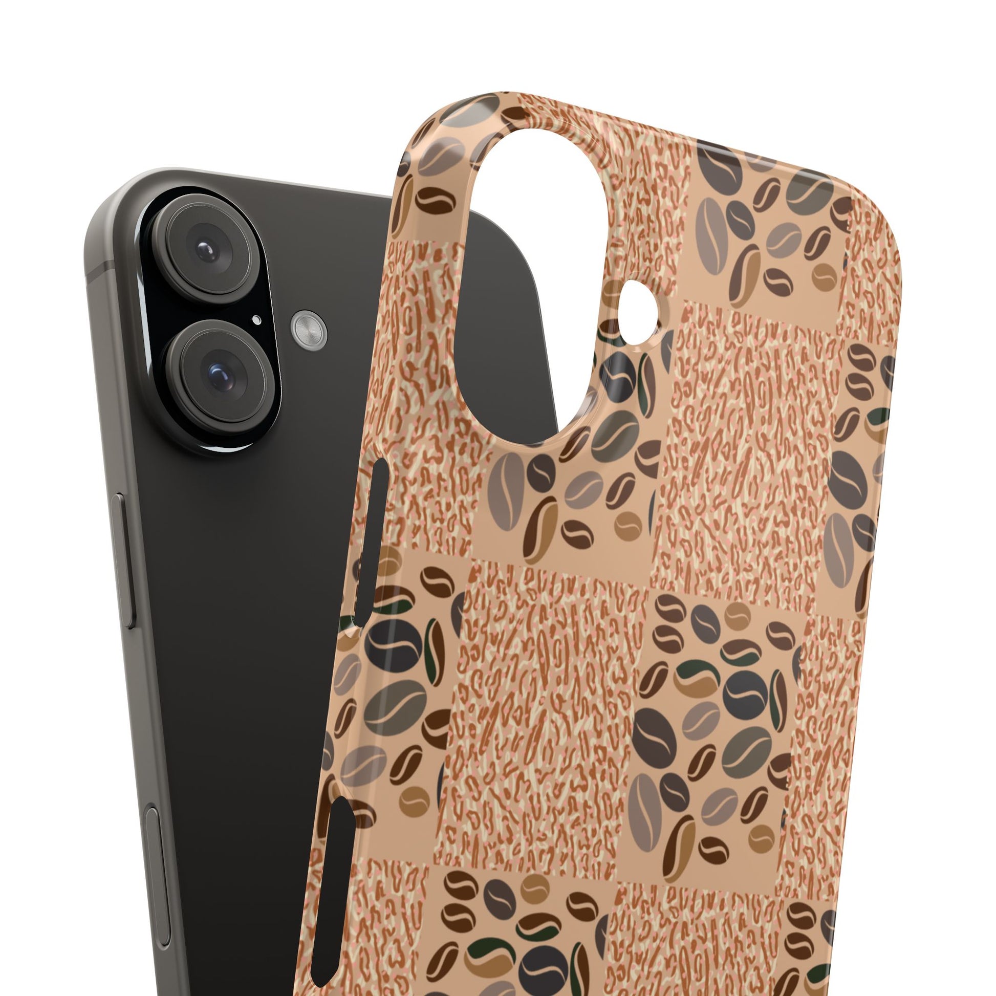 Phone case with coffee bean pattern on a white background
