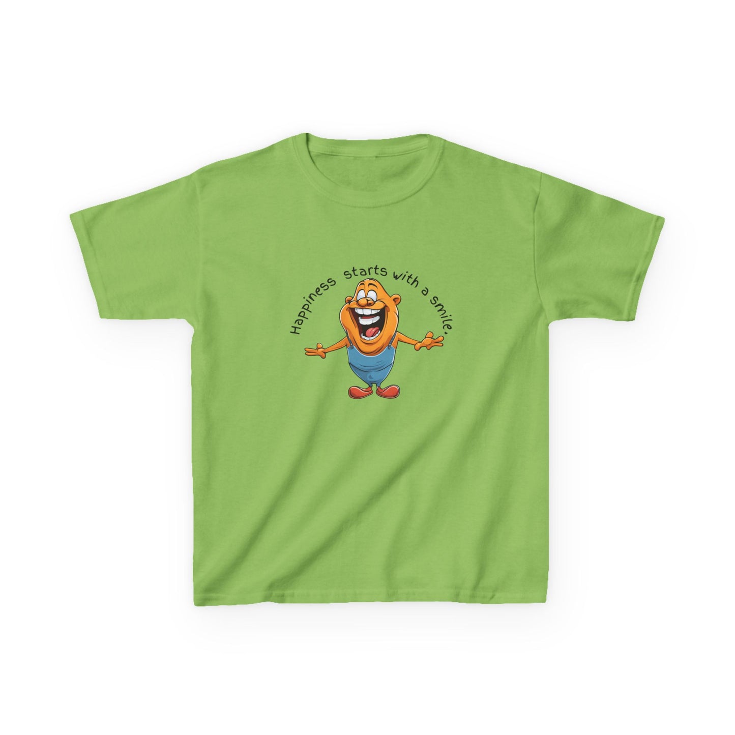 Kids cotton t-shirt with cute cartoon character and “Happiness Starts with a Smile” text