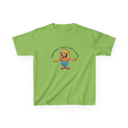 Kids cotton t-shirt with cute cartoon character and “Happiness Starts with a Smile” text