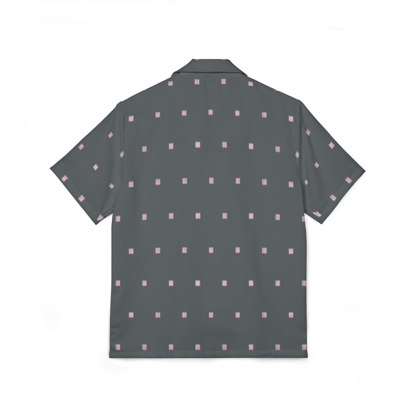 Men’s grey Hawaiian shirt with tiny pink square pattern

