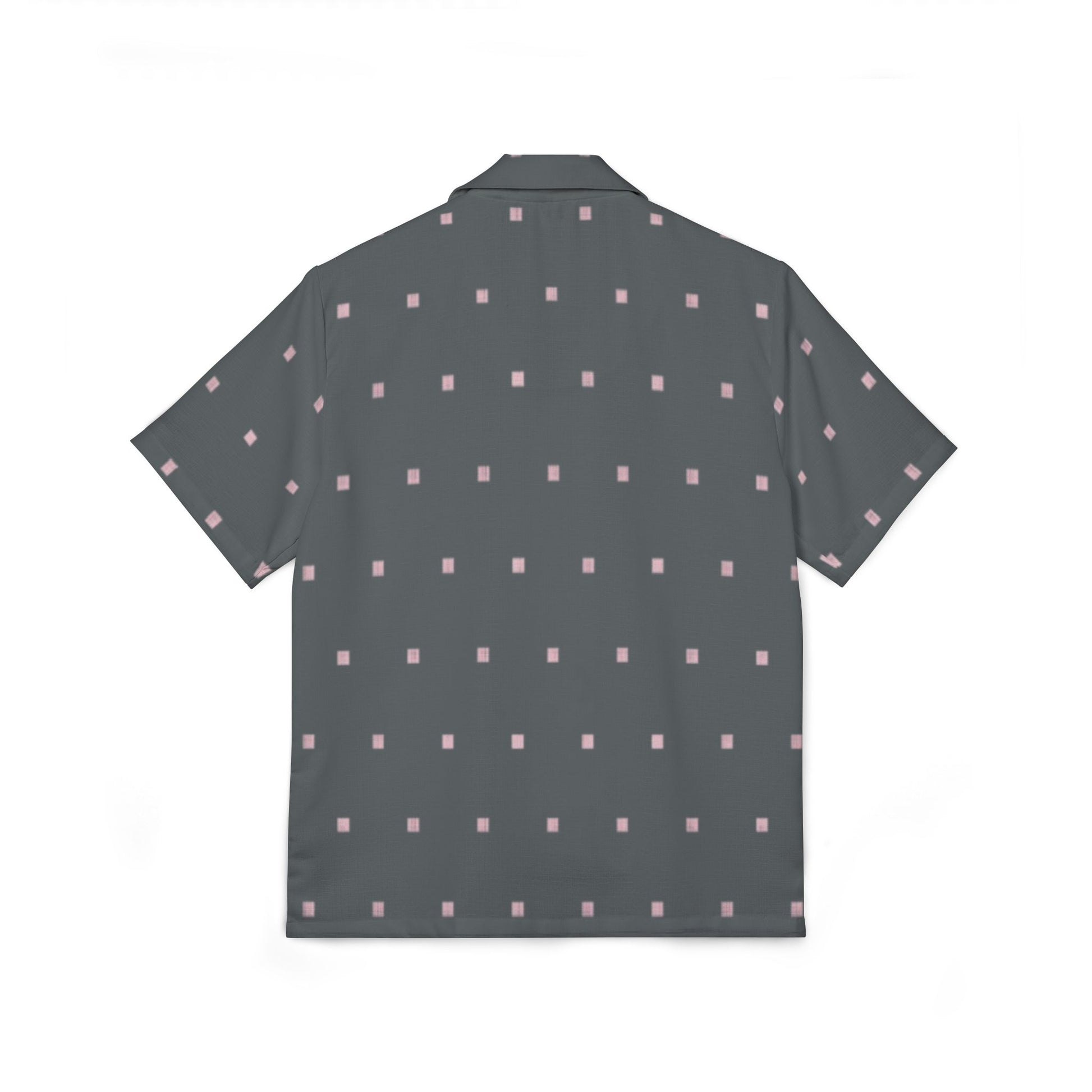 Men’s grey Hawaiian shirt with tiny pink square pattern

