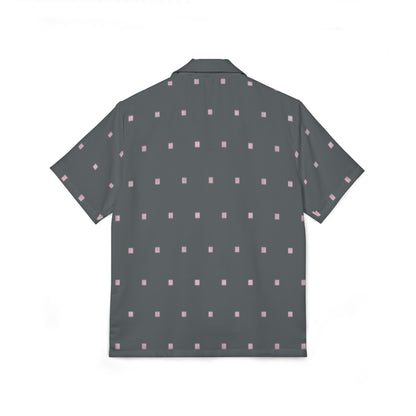 Men’s grey Hawaiian shirt with tiny pink square pattern

