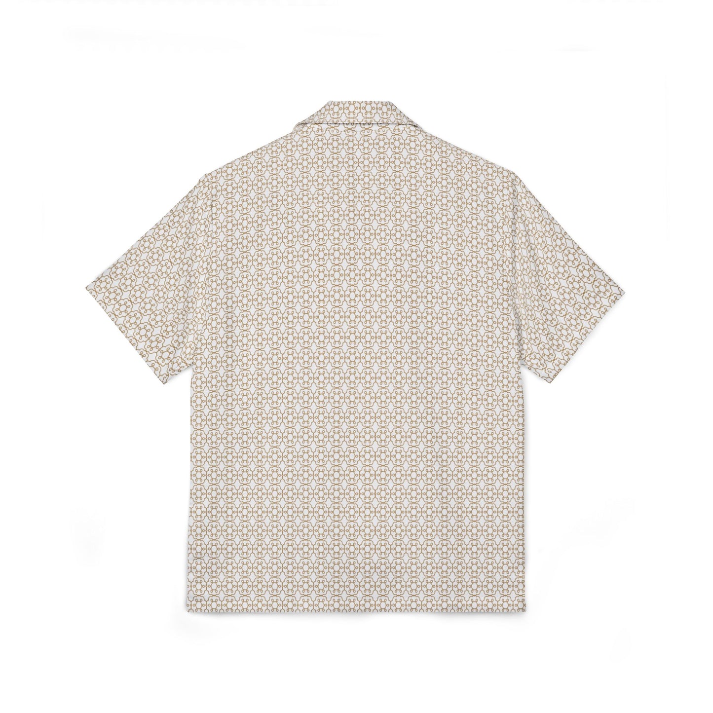cream hawaiian camp shirt with brown geometric pattern