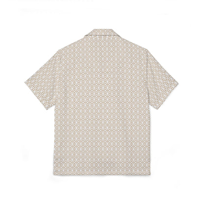 cream hawaiian camp shirt with brown geometric pattern