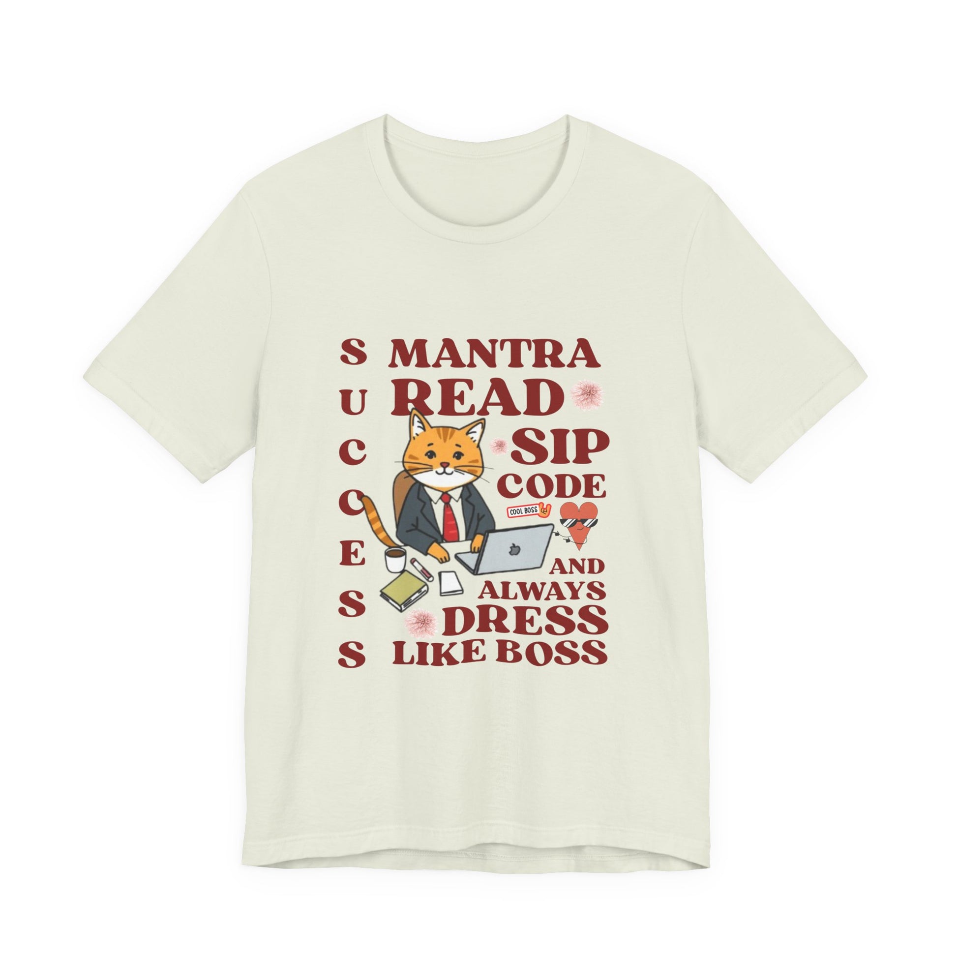 Citron t-shirt with a graphic design featuring a cat in a suit and motivational text on a white background.

