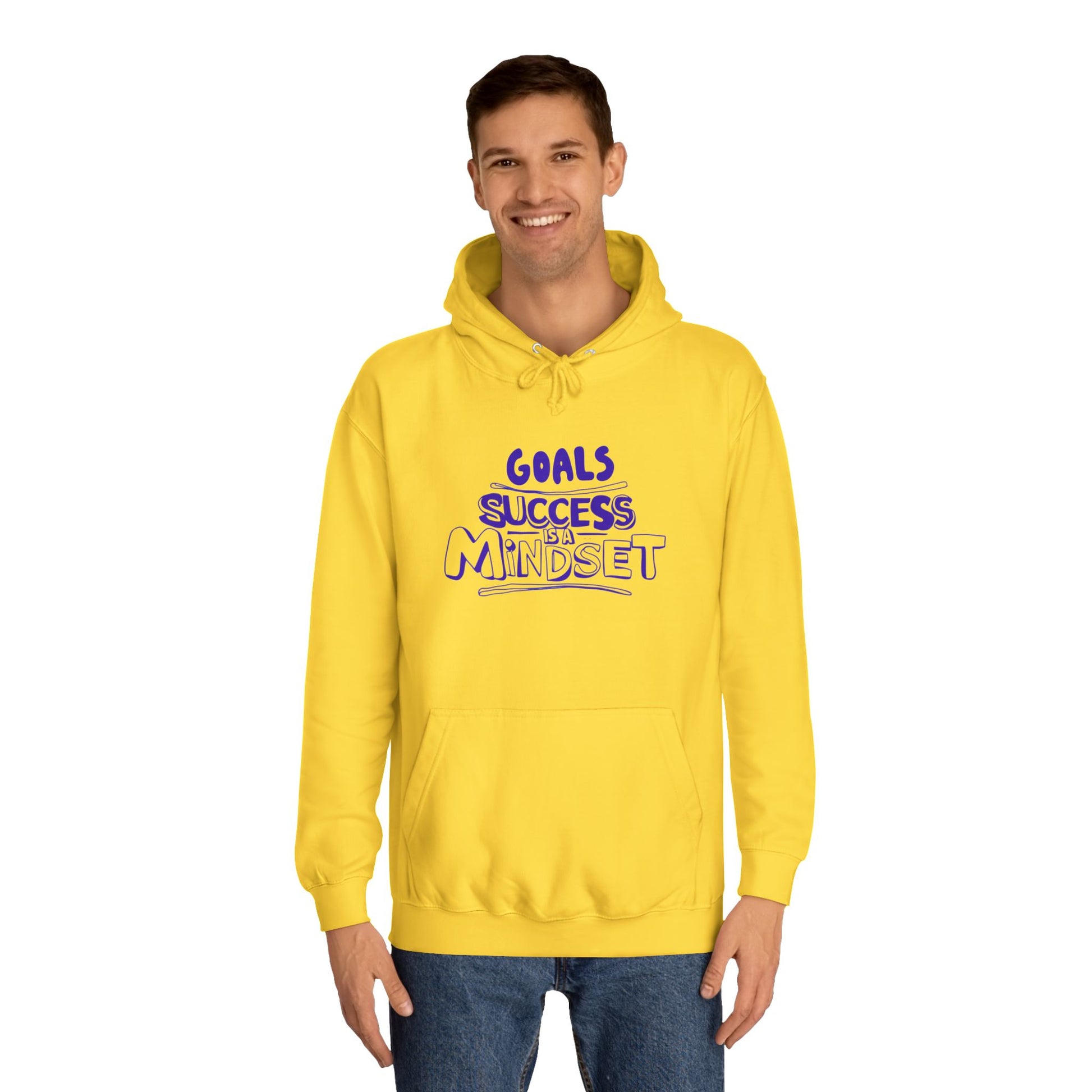 Person wearing a yellow hoodie with text on a white background