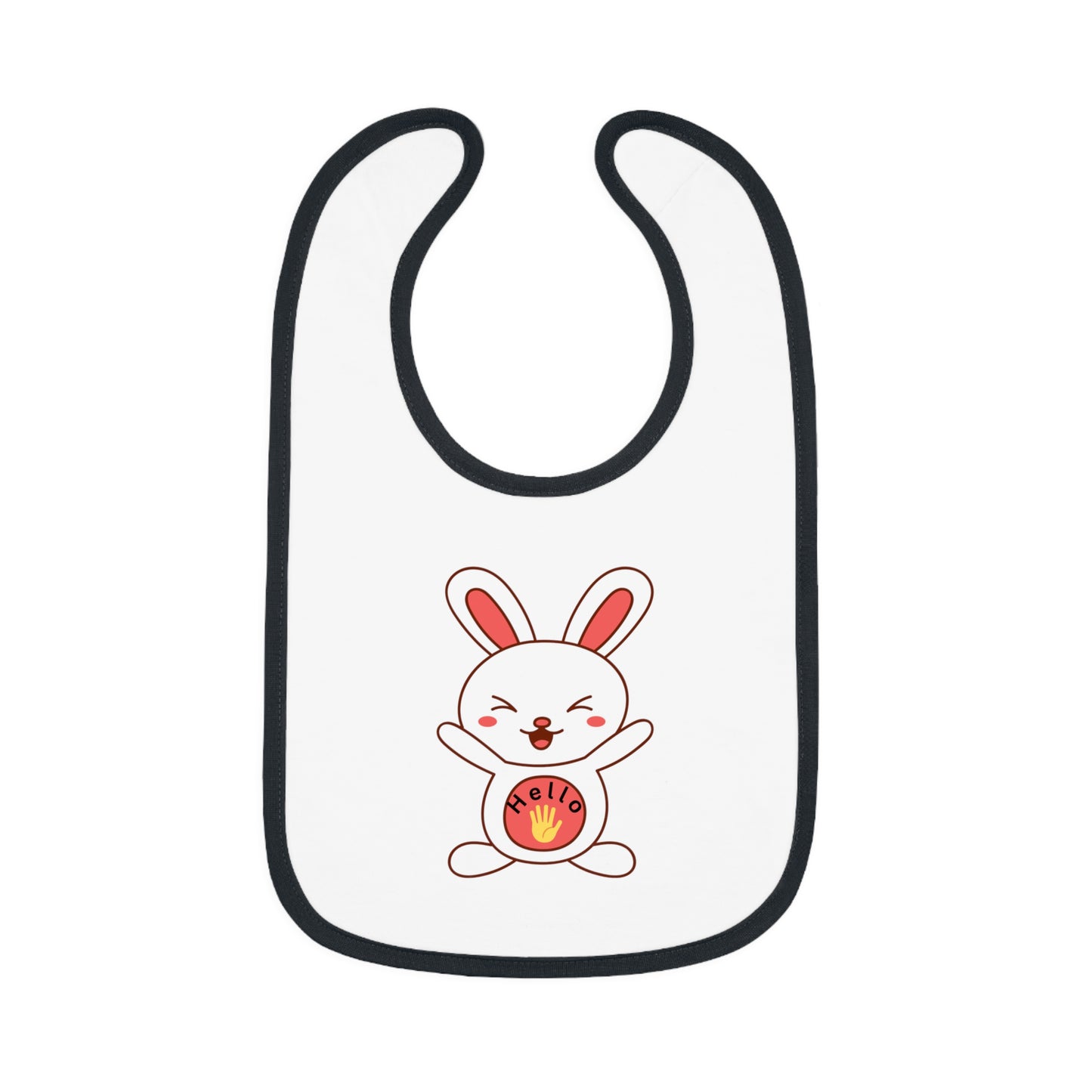 A white baby bib with black contrast trim and a centered graphic of a smiling cartoon rabbit holding a round object.