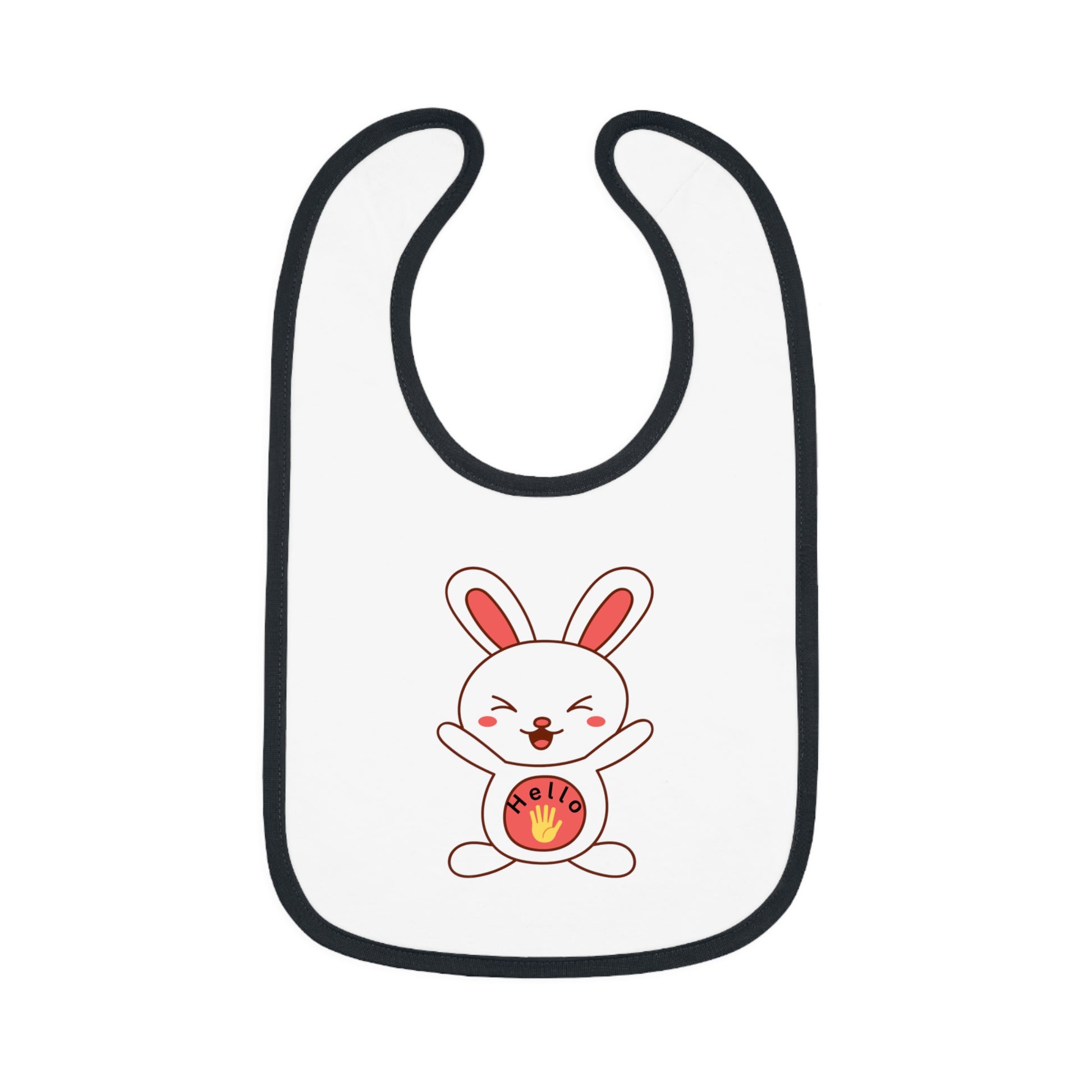 A white baby bib with black contrast trim and a centered graphic of a smiling cartoon rabbit holding a round object.