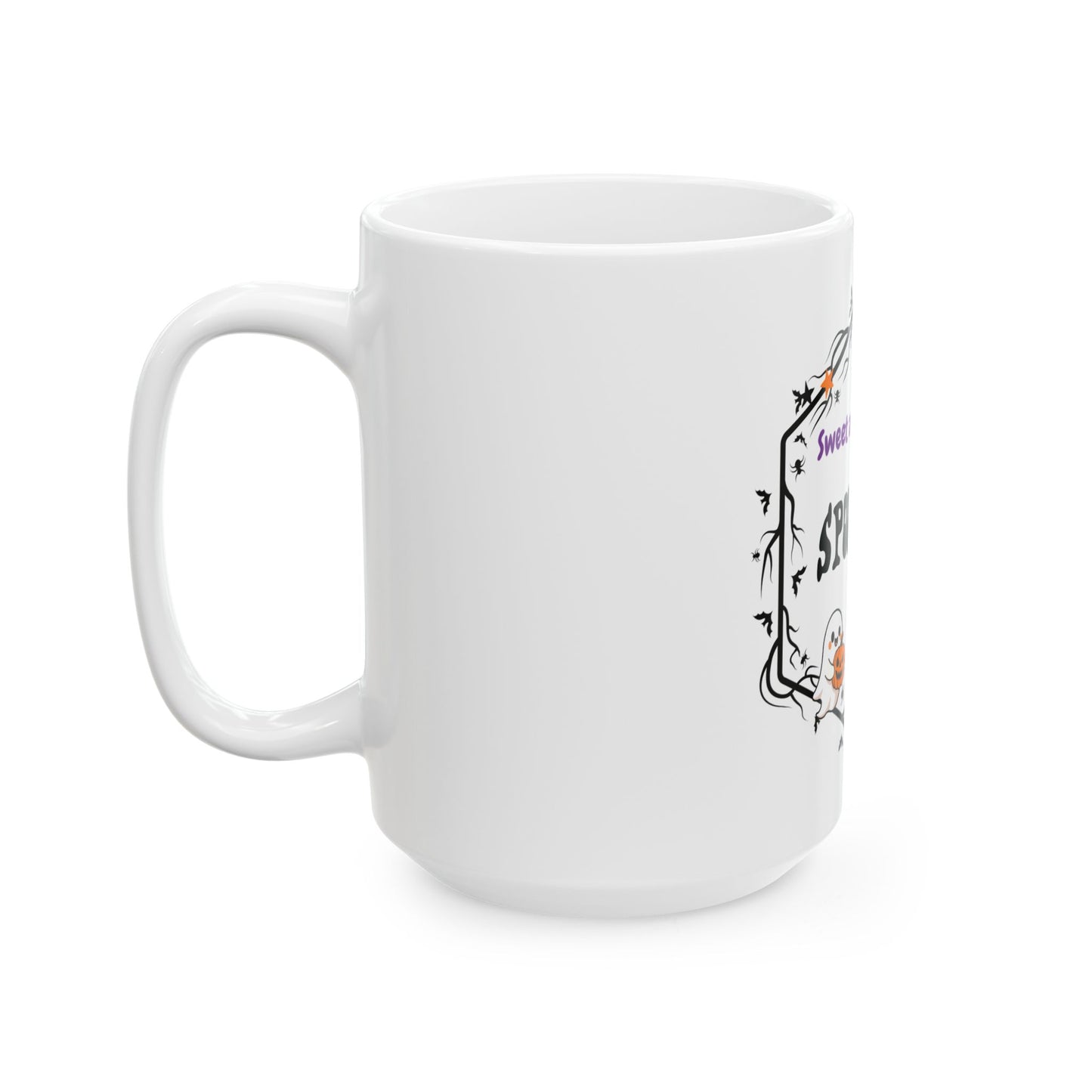A white ceramic coffee mug with a handle, featuring a partially visible black and purple gothic-style graphic on the side.