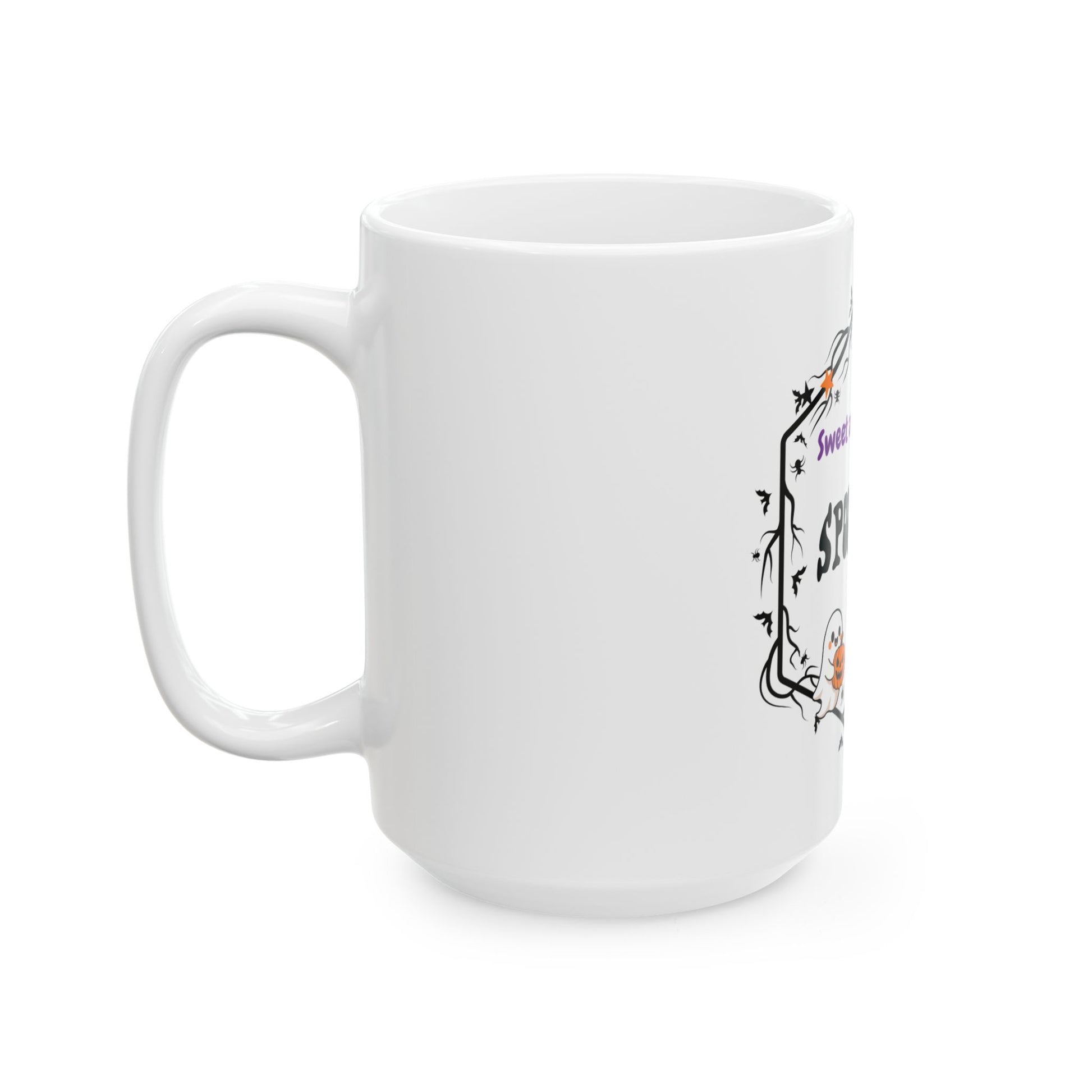A white ceramic coffee mug with a handle, featuring a partially visible black and purple gothic-style graphic on the side.